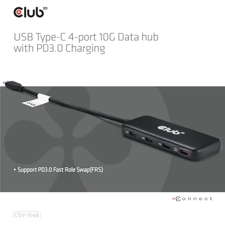 Club3D CSV-1548 USB Typ-C 4-Port 10G Daten-Hub mit PD3.0 Ladefunktion, kompaktes & schlankes Design – Bild 3
