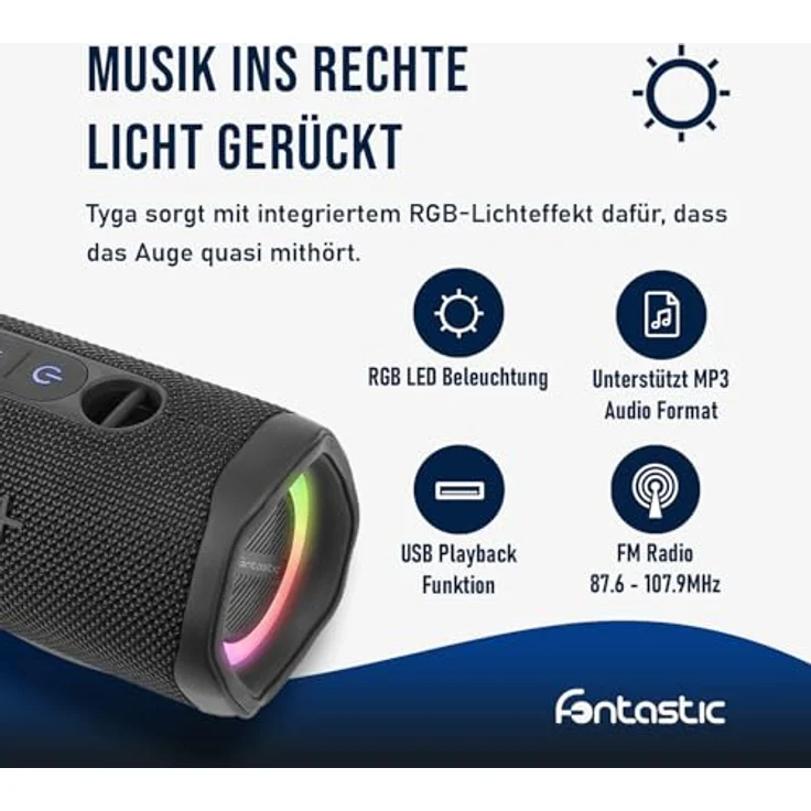 Fontastic Tyga Bluetooth Lautsprecher, Portable Speaker mit RGB-Lichteffekt, 3000 mAh Akku, spritzwassergeschützt, Schwarz – Bild 5