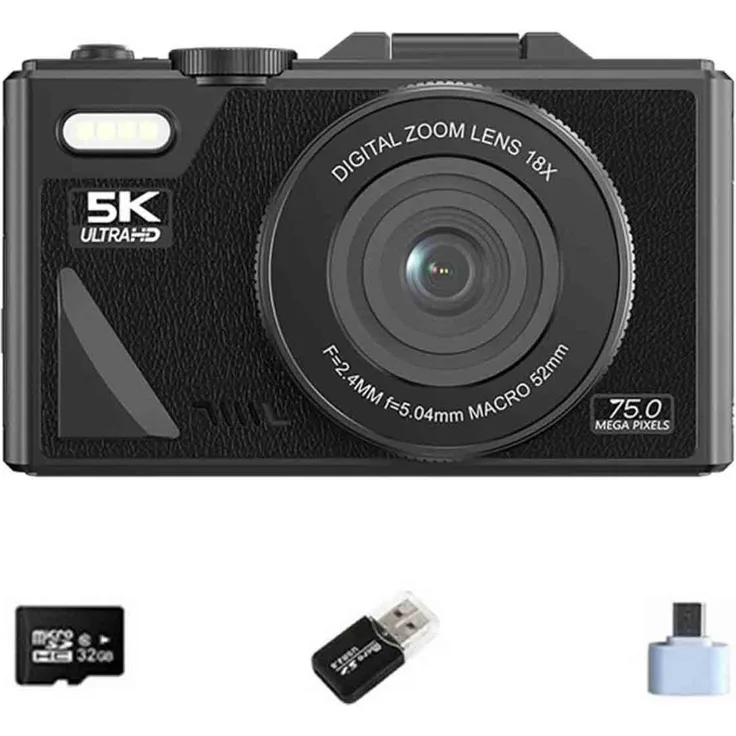 INF 5K Digitalkamera - 75MP, WiFi, Klappbildschirm, 64GB Speicherkarte, Schwarz