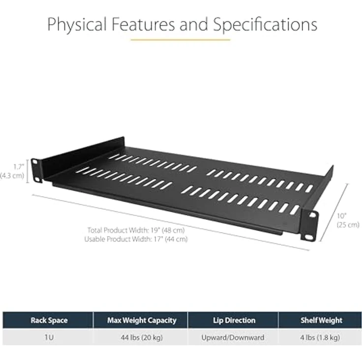 StarTech.com Vented Cantilever Rack Shelf, Heavy-Duty 1U für 10" (25 cm) bis 44 lbs (20 kg), Schwarz – Bild 2