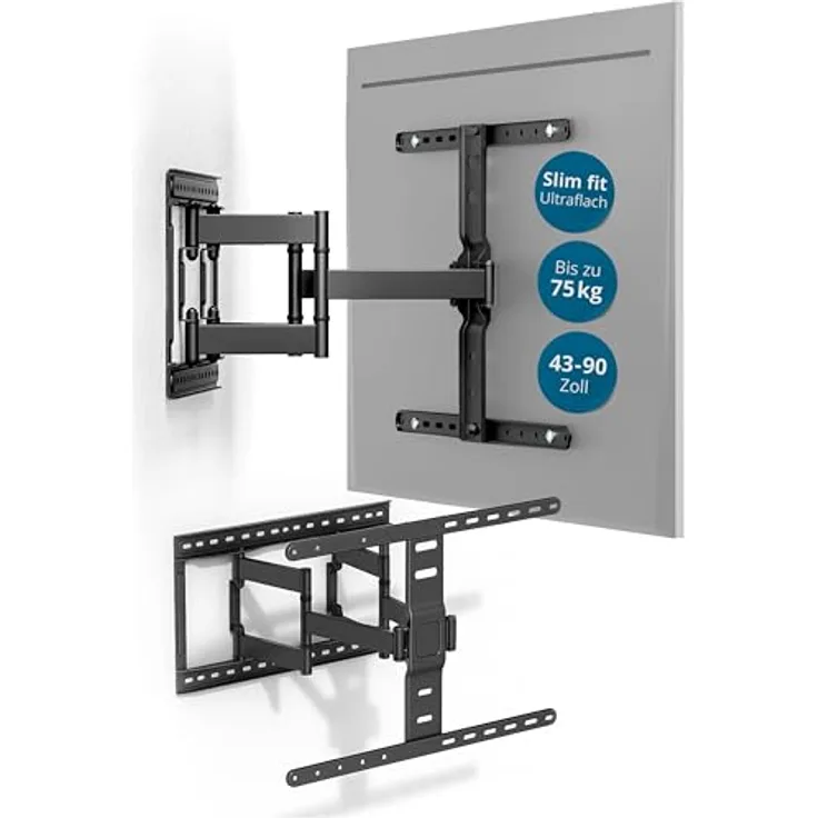 Xantron Slim Fit TV Wandhalterung SLIMLINE-466US, schwenkbar für 43-90 Zoll TVs, VESA bis 600x400, nur 27mm Wand-Abstand, Tragkraft bis 75kg