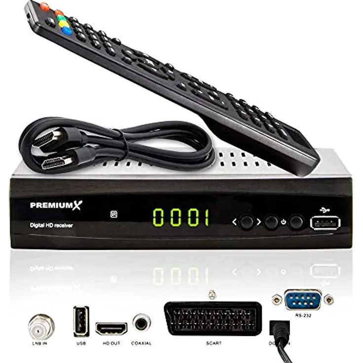 PremiumX Satelliten-Receiver HD 521 FTA, FullHD DVB-S2 Sat TV-Receiver mit HDMI und SCART, 2X USB Multimedia-Player, 12V Externes Netzteil, Schwarz