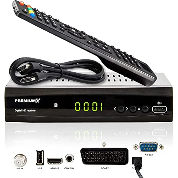 PremiumX Satelliten-Receiver HD 521 FTA, FullHD DVB-S2 Sat TV-Receiver mit HDMI und SCART, 2X USB Multimedia-Player, 12V Externes Netzteil, Schwarz – Bild 1