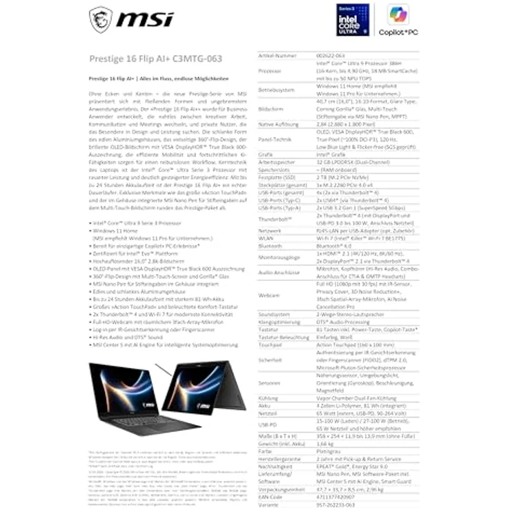 MSI Prestige 16 Flip AI+ C3MTG-063, 16" 2.8K OLED 120Hz Touchscreen, Intel Core Ultra 9 386H, 32GB DDR5 RAM, 2TB SSD, grau, Windows 11 Home – Bild 5