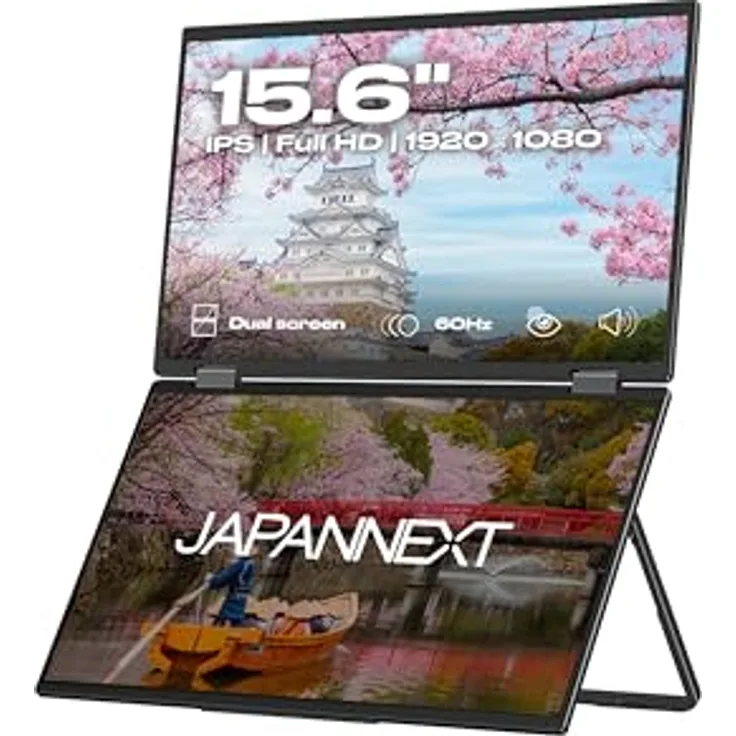 JapanNext JN-DMD-IPS156F, Dual Portable Monitor 15,6“ Full HD (1920 x 1080) mit integrierten Lautsprechern, HDMI, USB-C, klappbarem Design und 2 Jahren Garantie