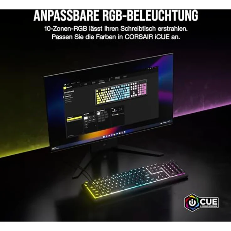 Corsair K55 CORE RGB Membran Kabelgebundene Gaming-Tastatur – Leise, Reaktionsschnelle Schalter – Spritzwasserschutz – Zehn-Zonen-RGB – Medientasten – iCUE-Kompatibel – QWERTZ DE – PC, Mac – Schwarz – Bild 5