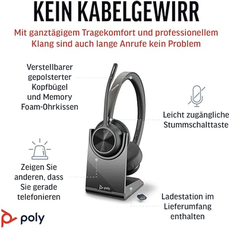 POLY Voyager 4320 UC, Schnurloses Stereo-Headset mit Noise Cancelling-Mikrofon, Bluetooth-Verbindung, bis zu 24 Stunden Akkulaufzeit, inklusive Ladestation und Tragetasche – Bild 2