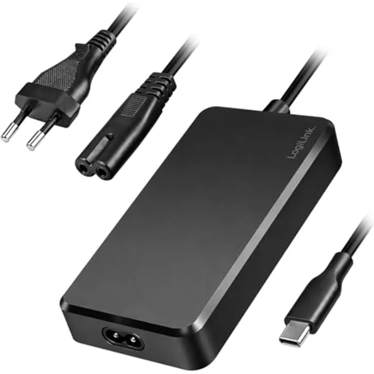LogiLink Slim Universal USB-C Netzteil 100W PD mit festem Kabel, 5-Fach Geräteschutz für Laptops und Smartphones