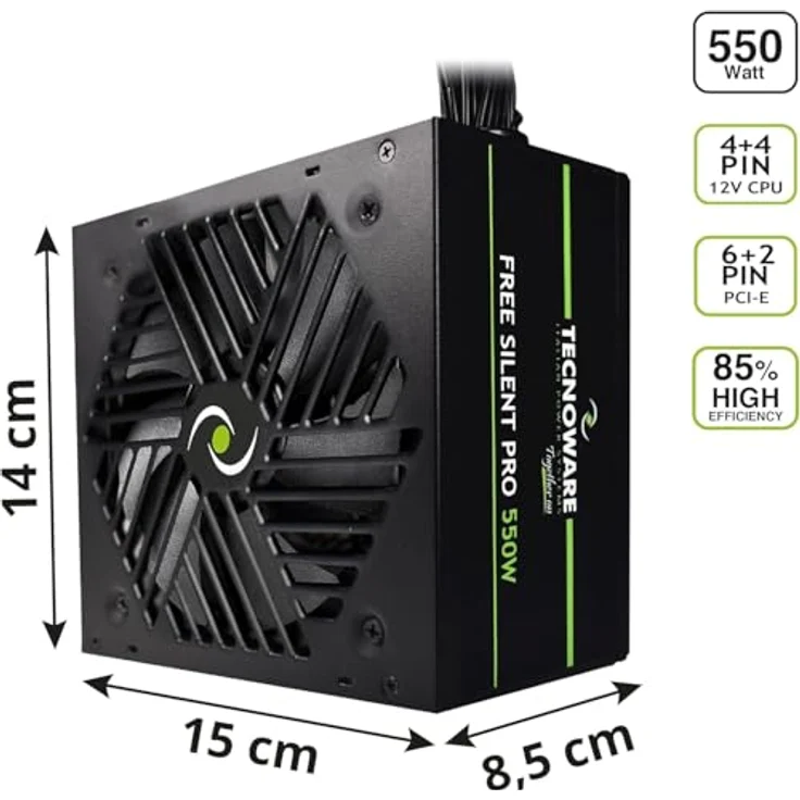 Tecnoware Free Silent PRO 550, Netzteil für PCs mit NVIDIA GeForce GTX - RTX, leiser 12 cm Lüfter, PCI-E 6+2, CPU 4+4, SATA, Molex – Bild 2