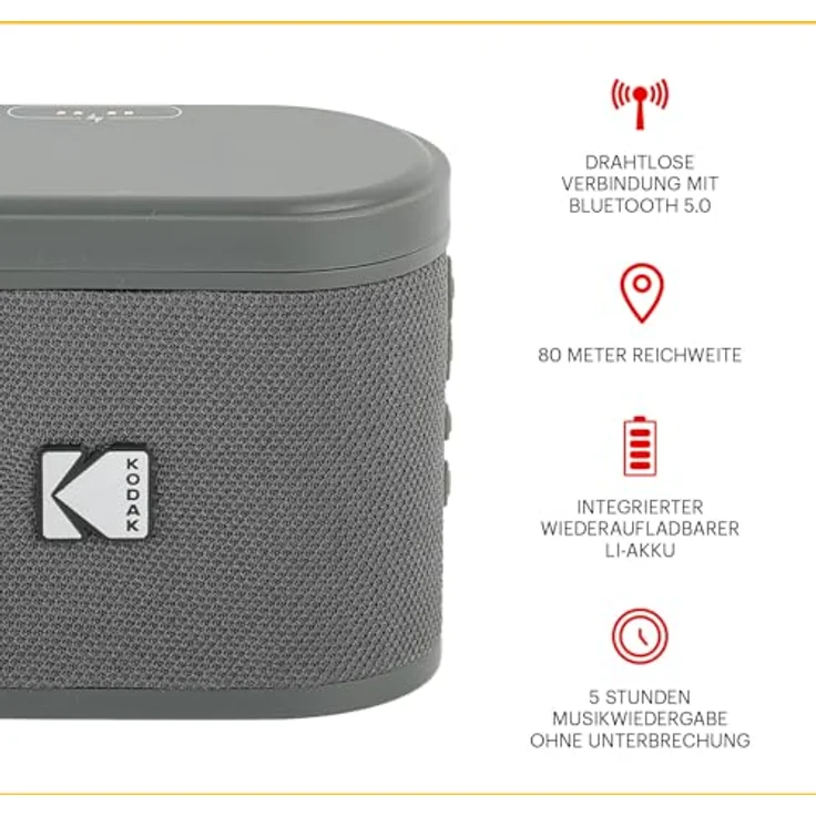 KODAK SOUNDBRIX Tragbarer Bluetooth-Lautsprecher, kabellos, 5 W Sound, magnetisches Dock, 3 Stunden Akkulaufzeit, grau, Anschluss von bis zu 100 Lautsprechern – Bild 2
