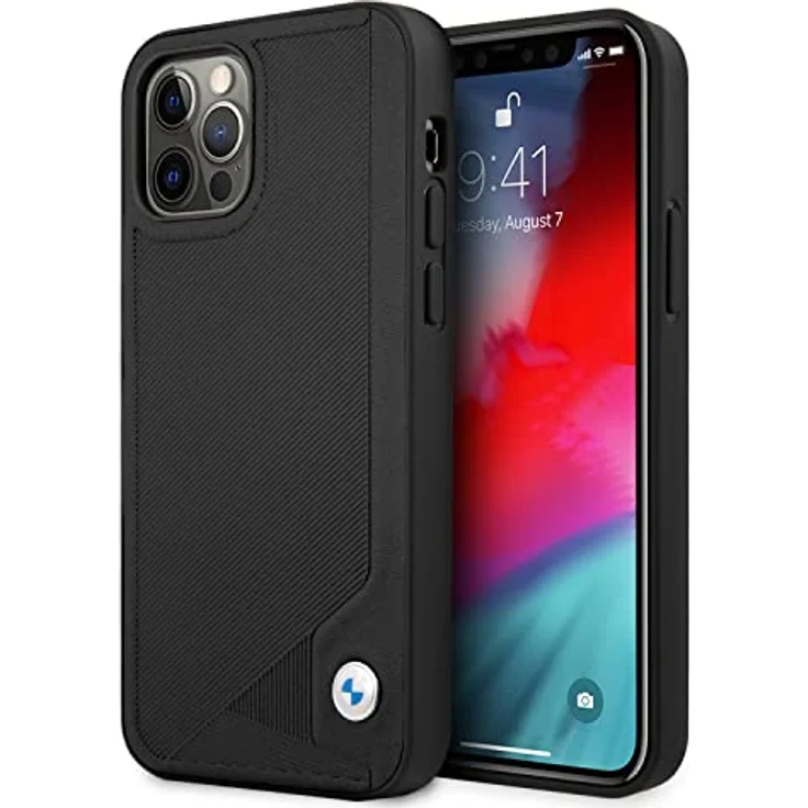 BMW Leather Deboss Case für iPhone 12 Pro Max, hochwertige Handytasche aus synthetischem Leder mit flexiblem TPU-Rahmen, schwarz – Bild 1