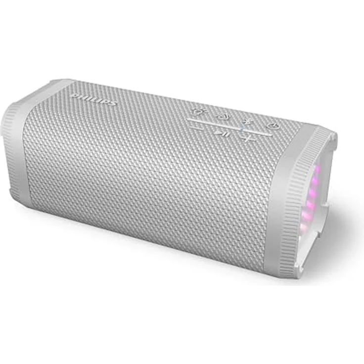Philips TAS2000W, kabelloser Bluetooth-Lautsprecher mit LED-Lichtshow, 20 W Bass+, IPX5 spritzwassergeschützt, 20 Std. Wiedergabezeit, Mikrofon, App-Steuerung – Weiß – Bild 2