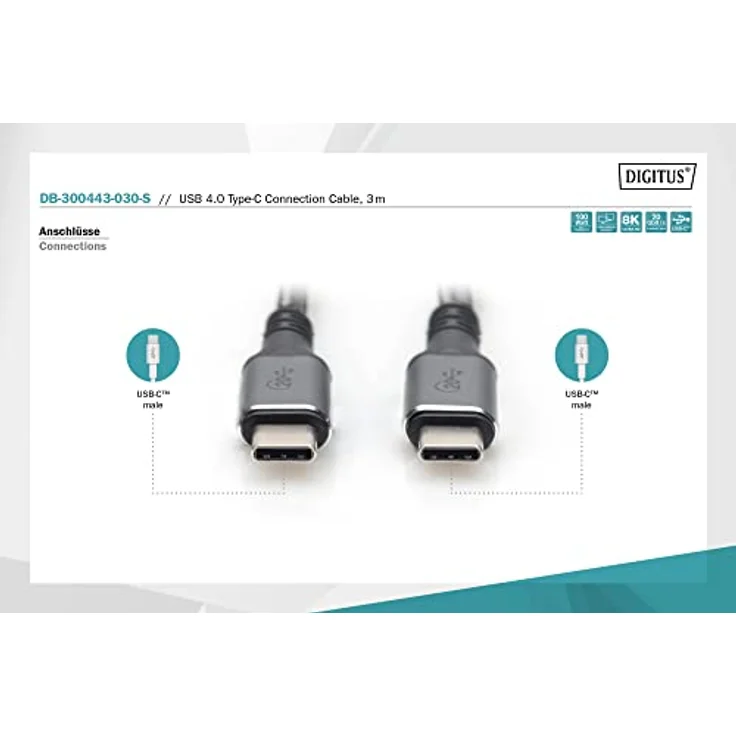 DIGITUS USB-C Anschlusskabel - USB 4.0 - Power Delivery 3.0-20 Gbit/s - 4k/60Hz - 3m - Schwarz – Bild 2