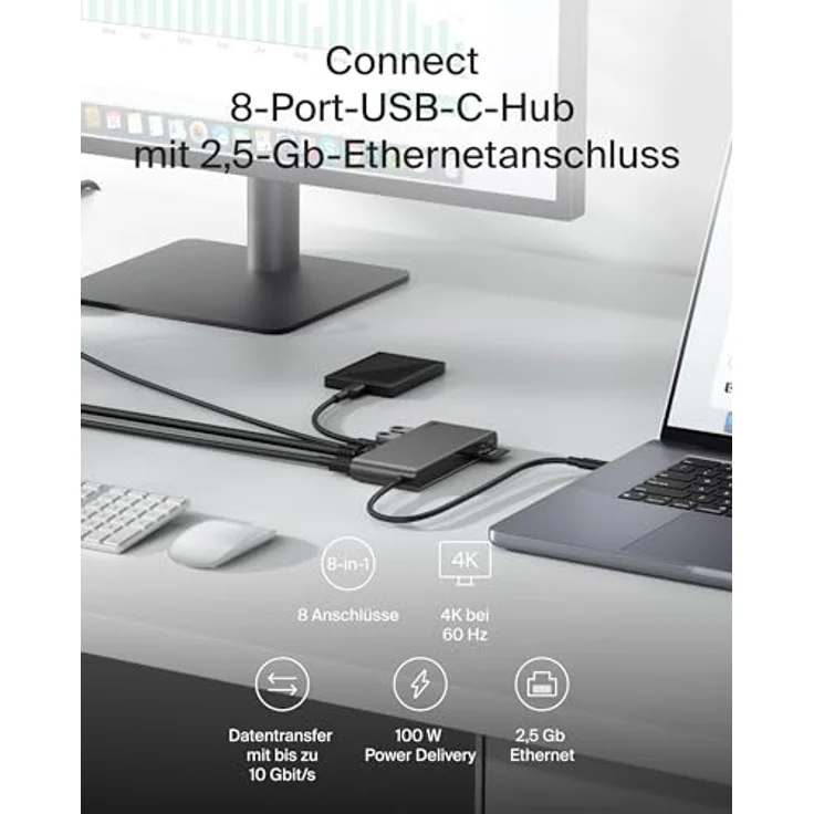 Belkin Connect 8-in-1 USB C Hub, 4K bei 60 Hz, 100 W PD, 10 Gbit/s Datentransfer, 2,5-Gbit/s Ethernet – Grau – Bild 2