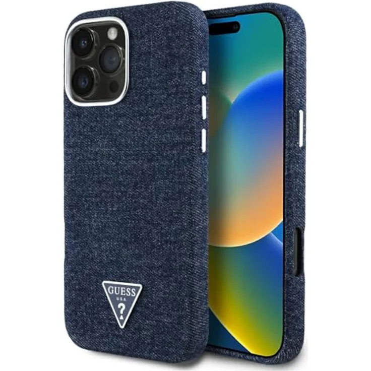 CG MOBILE Guess Denim Triangle Logo Hardcase-Hülle für iPhone 16 Pro, kompatibel mit MagSafe, Blau, PC/Denim/Aluminium/Mikrofaser – Bild 1