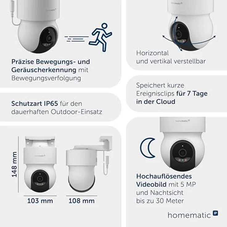 Homematic IP Außenkamera, Smart Home Überwachungskamera mit 5 MP, AI Bewegungs-/Geräuscherkennung, Zwei-Wege-Audio, Nachtsicht, 162943A0 – Bild 4