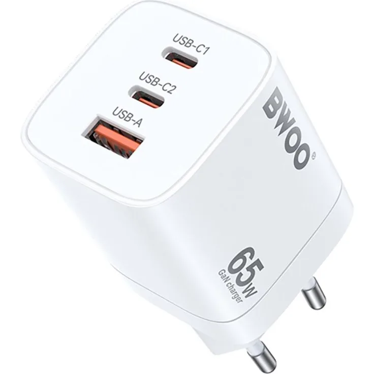 BWOO CDA147PD Wandladegerät, 65W GaN mit 2x USB-C und USB-A, weiß