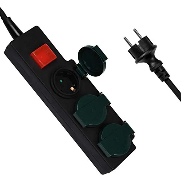 HEITECH Feuchtraum-Steckdosenleiste 3500 W, 250 V, Schwarz/Grün mit beleuchtetem Ein-/Ausschalter