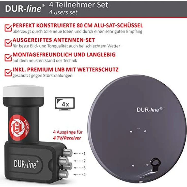 DUR-line MDA 80 Satellitenschüssel anthrazit + Quad LNB – Bild 3