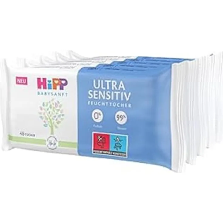 HiPP Babysanft Feuchttücher, Ultra Sensitiv mit innovativer Schwämmchenstruktur, 5 x 48 Tücher