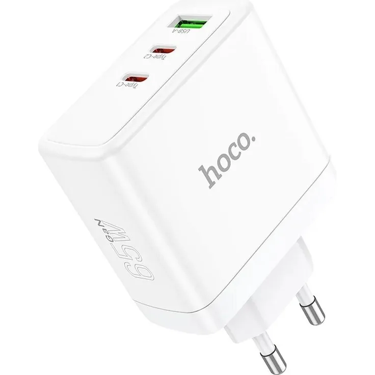 Hoco Wandladegerät 2 x Typ C + USB A QC PD 65W GaN N30 weiß - Ladegerät mit 3 Steckplätzen