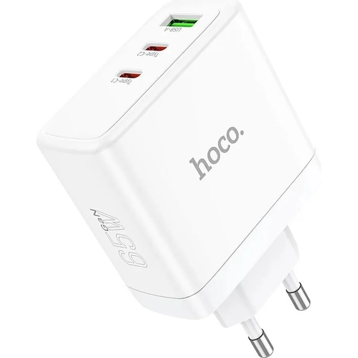 Hoco Wandladegerät 2 x Typ C + USB A QC PD 65W GaN N30 weiß - Ladegerät mit 3 Steckplätzen