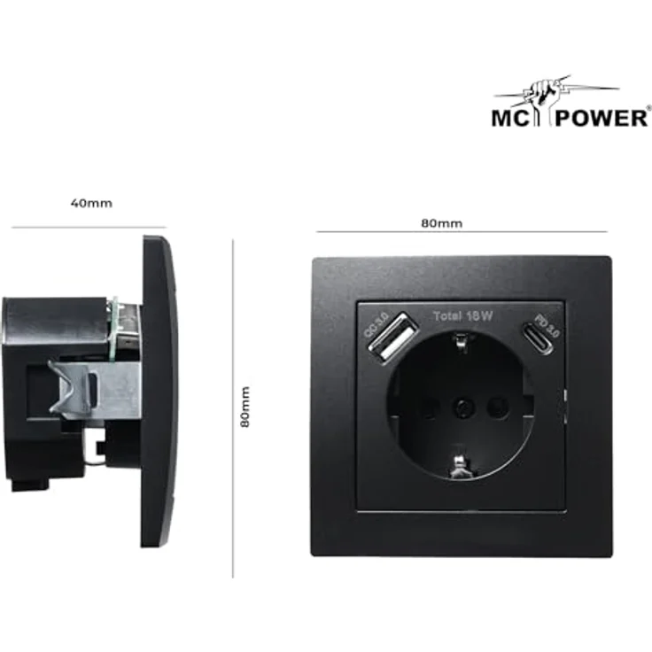 McPower Unterputz Steckdose mit 1x USB-C - 18W Quickcharge + 1x USB-A | FLAIR | 250V~/16A, matt Schwarz – Bild 3