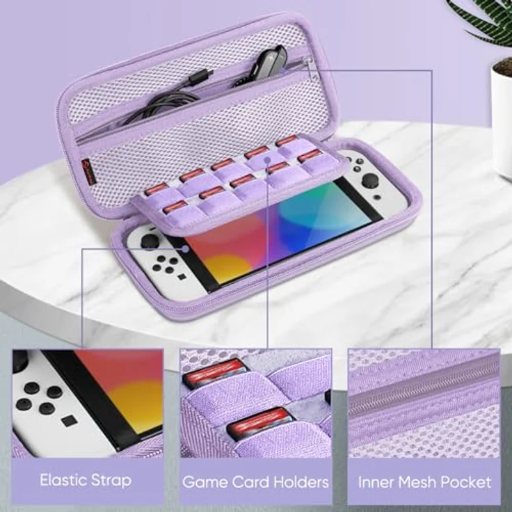 FINTIE Tragetasche für Nintendo Switch 2017/Switch OLED 2021, stoßfeste Hartschalenaufbewahrung mit 10 Spielkartenhaltern und Reisetasche für Konsole und Zubehör, Pastellviolett – Bild 3