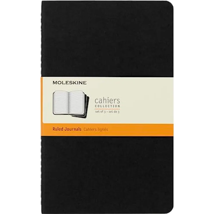 Moleskine Cahier Notizbuch, 3er Set, Large/A5, liniert, stabiler schwarzer Kartoneinband mit Fadenheftung, heraus trennbare Seiten, große Innentasche