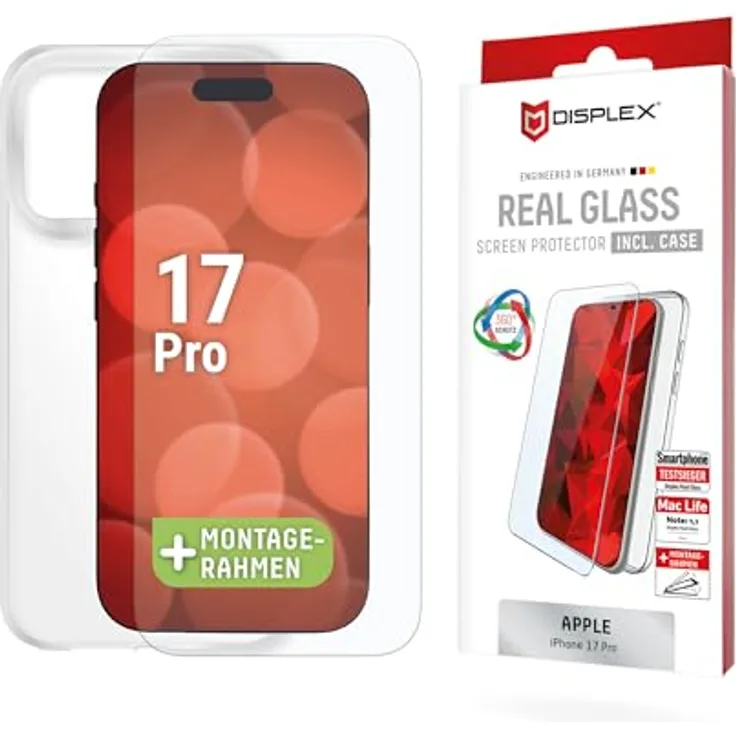 Displex Real Glass + Case, Schutzglas für iPhone 17 Pro, kratzresistent, blasenfreie Montage, Eco-Montagerahmen