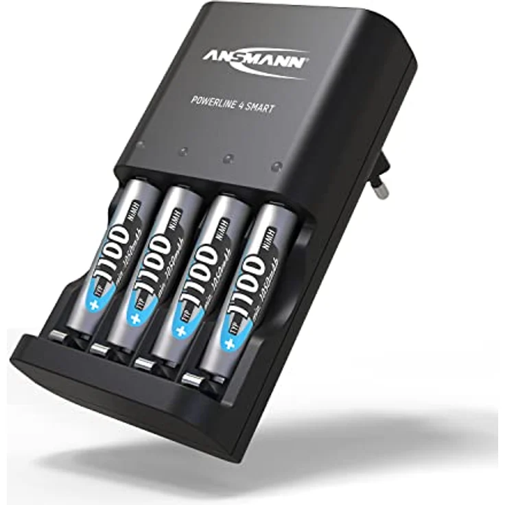 ANSMANN Akku Ladegerät Powerline 4 Smart für 1-4 AA Batterieladegerät für NiCd und NiMH Akkus mit Einzelschachtüberwachung,schwarz,inkl. 4x1100mAh AAA – Bild 1