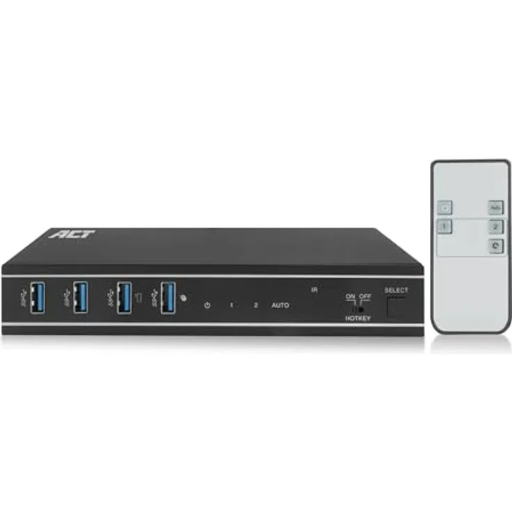 ACT KVM Switch AC7912, 2 PC 1 Monitor, 4K@60Hz, HDMI Switch, 4-Port USB 3.0, HDCP 2.3, mit Fernbedienung, Montagebügel Büro, Schwarz