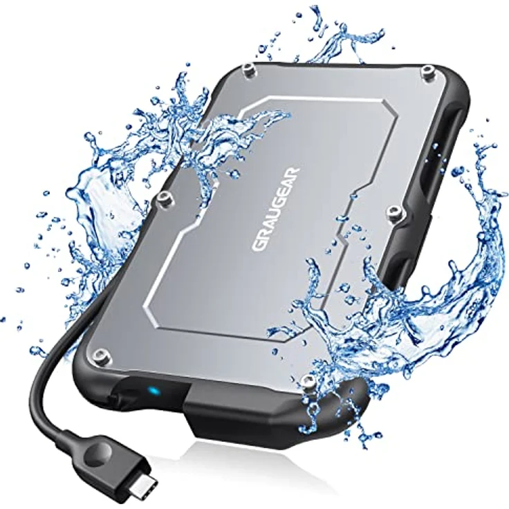 GRAUGEAR | USB-C externes Gehäuse für 2,5“ SATA SSD/HDD | UASP SATA III USB 3.2 Gen2 6 Gbit/s | Spritzwasser geschützt IP66 | Integriertes USB-C Kabel | G-2502-C-10G – Bild 1
