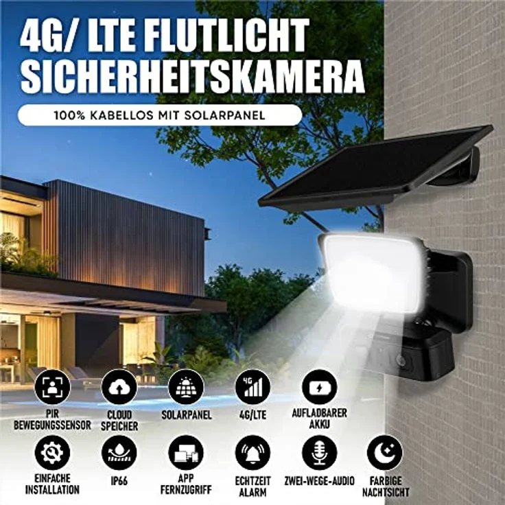 LUVISION LV-G-2035 Überwachungskamera 4G / LTE Solar Flutlicht Lampe, Full-HD, 10 Monate Laufzeit, IP66, schwarz – Bild 2