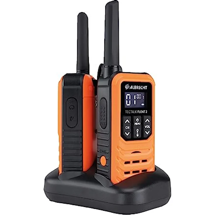 Albrecht Float 2, Walkie-Talkie mit 10 km Reichweite, wasserdicht und schwimmfähig, Orange/Schwarz