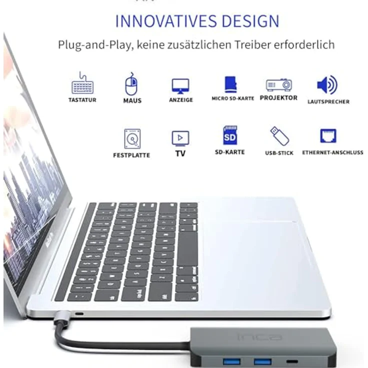 İnca ITPC-10TX 9 in 1 USB C Hub, Aluminium Docking Station mit 2 x USB 3.0, SD/TF Kartenleser, LAN 1000 Mbit/s, HDMI 4K@60Hz, 3.5mm Audio und PD100W für MacBook, Dell, Chromebook – Bild 4