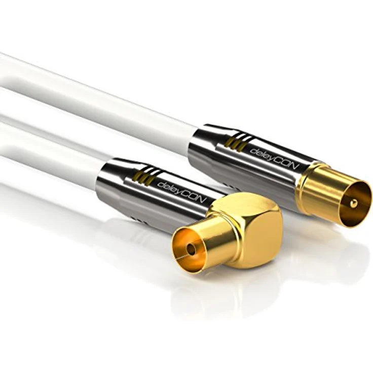 deleyCON 5m TV Antennenkabel PREMIUM HDTV Full HD - 1x gewinkelt - Koaxialkabel - TV-Stecker (gerade) zu TV-Buchse (90° Grad) - Weiß - METALL – Bild 2