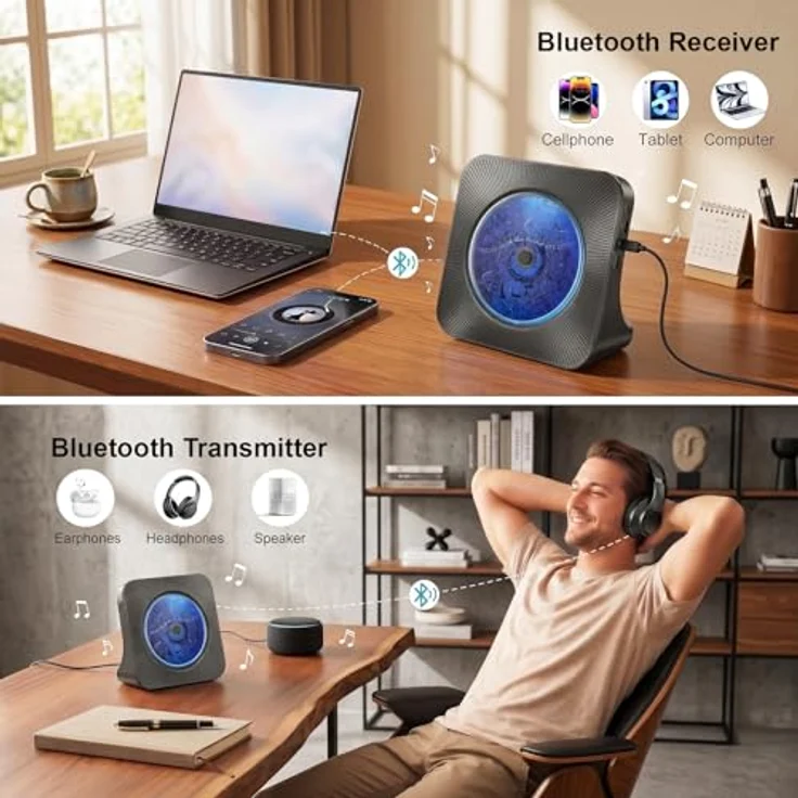 Gueray Multifunktionaler CD-Player mit Bluetooth 5.0 und Lautsprecher, FM-Radio, USB-Player, Schwarz – Bild 3