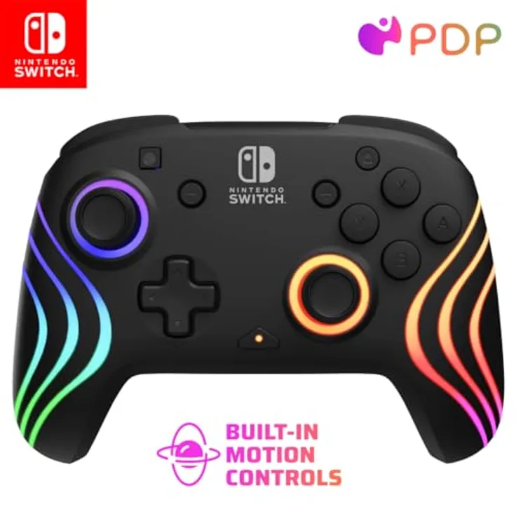 PDP Nintendo Switch Afterglow Wave Wireless Gamepad, Schwarz mit Acht RGB-Zonen und 40 Stunden Batterielaufzeit
