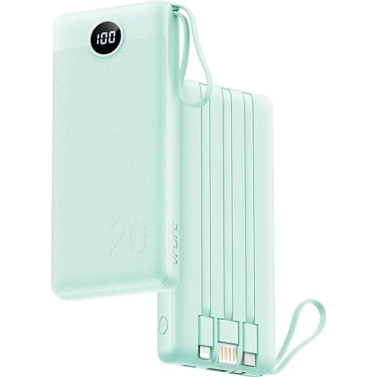 VRURC Powerbank 20000mAh, Tragbares Ladegerät mit 4 integrierten Kabeln, USB-C, Schnellladung 22.5W, LED Display, kompatibel mit iPhone und Huawei – Bild 1