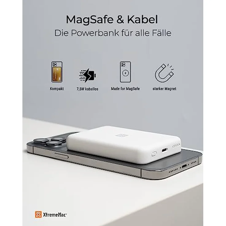 XtremeMac Hochwertige Magnetische Kabellose Powerbank, MagSafe Kompatibel, 5000mAh, für iPhone 12/13/14, mit USB-C und drahtloser Ladefunktion, Leicht und Kompakt, Weiss – Bild 2
