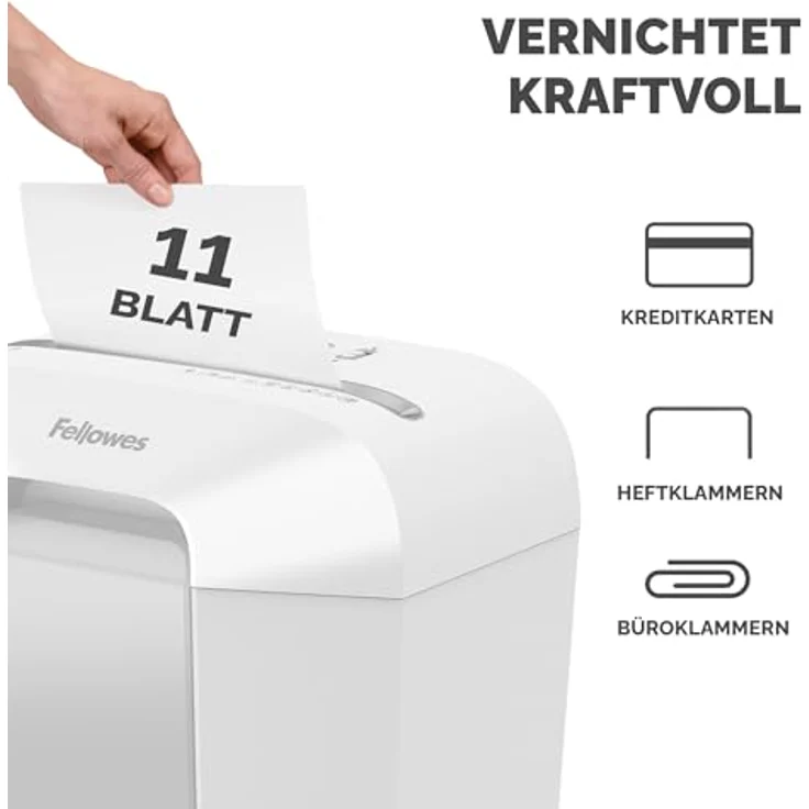 Fellowes Aktenvernichter 11 Blatt (P4), Powershred LX70, 18L Papierkorb, Sicherheitssperre, 4x40mm Cross-Cut, Schwarz. – Bild 3