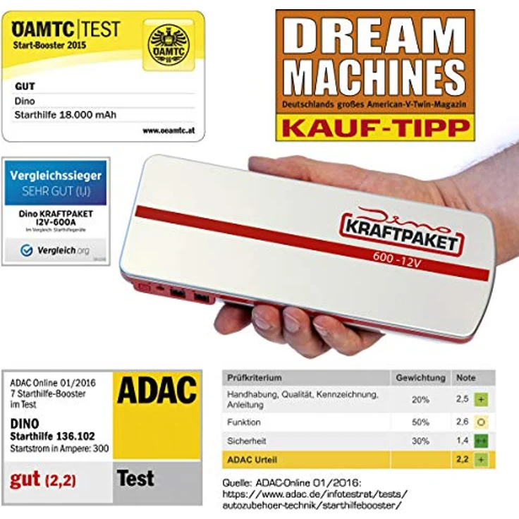 Dino-Kraftpaket Starthilfe-Powerbank 136102, 12V, 600A Spitzenstrom, Kapazität 18000mAh – Bild 2