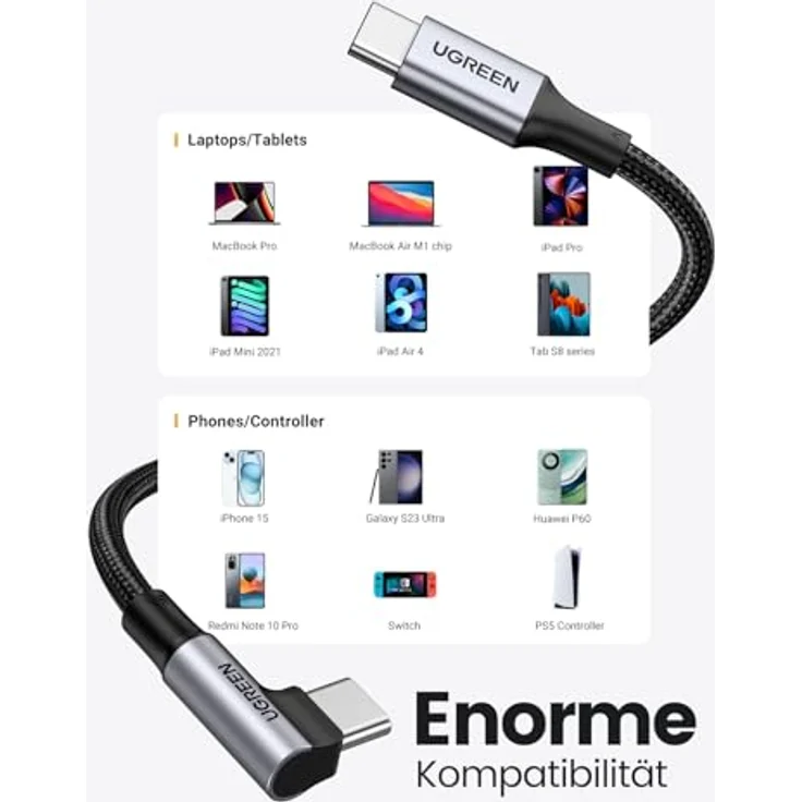 UGREEN US334, USB-C auf PD Fast Kabel, 100 W Leistung, 1 m, Grau mit 90° abgewinkeltem Stecker und 480 Mbit/s Datenübertragung – Bild 7