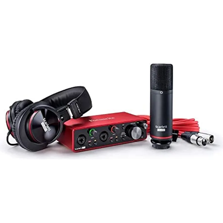 Focusrite Scarlett 2i2 Studio 3. Gen USB Audio-Interface-Bundle für Komponisten mit Kondensatormikrofon, Kopfhörern für Aufnahmen, Streaming & Podcasting, Rot