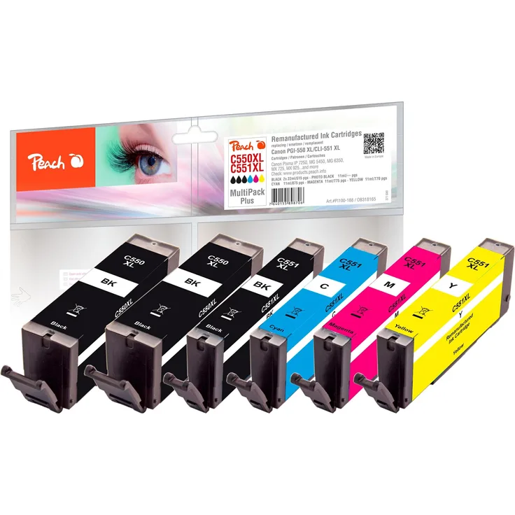 Peach PGI-550, CLI-551 Druckerpatrone Sparpack, 2x Schwarz, 1x Magenta, 1x Cyan, 1x Gelb, kompatibel, hohe Qualität
