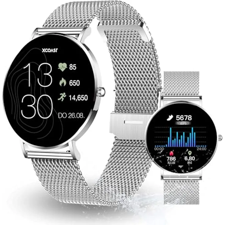 XCOAST SIONA 2 Damen Smartwatch (4,2 cm) 6,9mm hoch - iOS und Android Fitness Tracker AMOLED 21 Sportarten 200 watchfaces Blutsauerstoff Wasserdicht Puls Blutdruck 7 Tage Akku