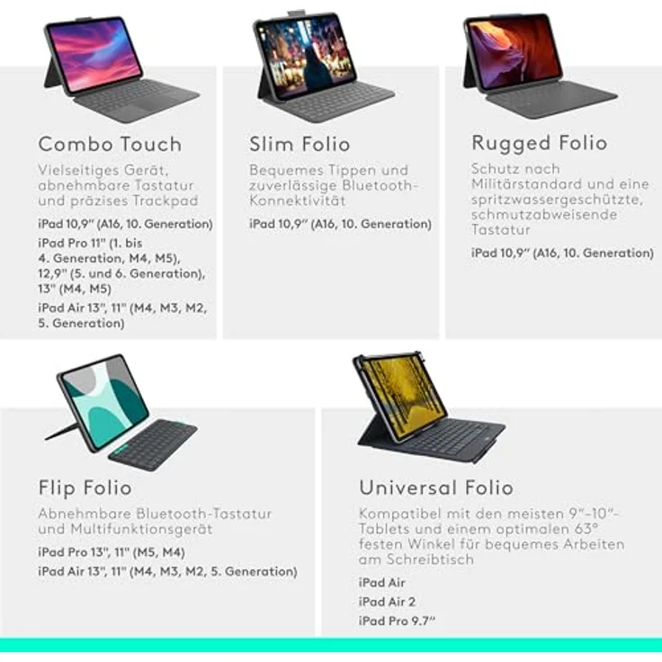 Logitech Flip Folio Tastatur-Case für iPad Pro und Air 13 Zoll, Bluetooth, integriertes Touchpad, hellgrau – Bild 12