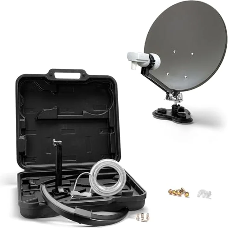 Xoro 38,5 cm Camping Satellitenantenne MCA 38 HD Set, inkl. Single LNB mit integriertem Satfinder, 10m Kabel, Halterungen, im Hartschalenkoffer, Stahlspiegel 38,5 cm, Masthalterung, Wandhalter, 3-Punkte Saugfuss und Standfuss, flexibel positionierbar – Bild 1