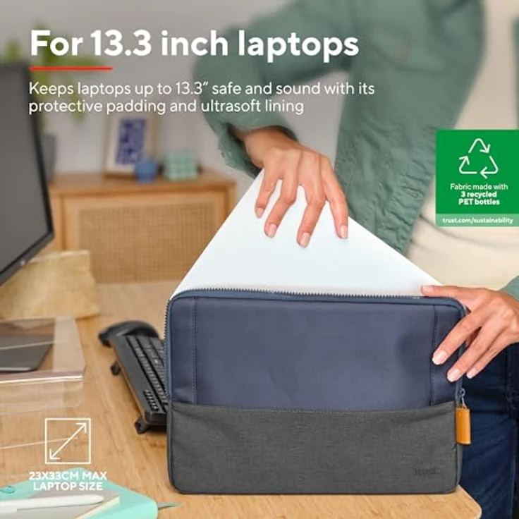 Trust Lisboa Laptophülle 13.3 Zoll, Laptoptasche aus Recycelten PET-Flaschen, Arbeitstasche Laptop Sleeve, Tasche Herren Damen für MacBook Notebook HP Dell Asus Lenovo Reisen Business - Blau – Bild 2